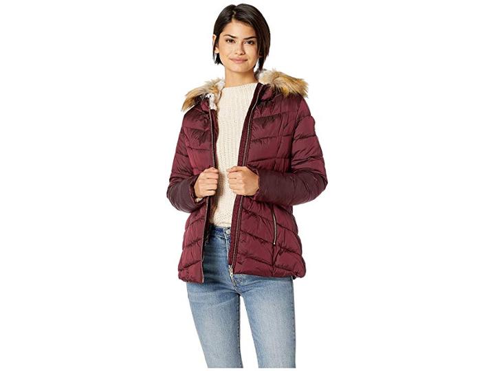 Jessica Simpson Quilted Jacket W/ Faux Fur Hood (merlot) Women's Coat