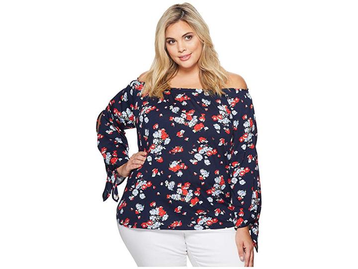 Lauren Ralph Lauren Plus Size Floral Jersey Off The Shoulder Top (navy Multi) Women's Clothing