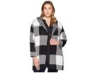 Calvin Klein Plus Plus Size Long Check Jacket W/ Hood (black/white Check) Women's Coat