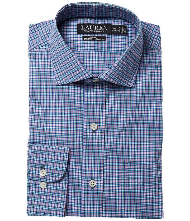 Lauren Ralph Lauren Slim Fit No-iron Cotton Dress Shirt (duke Blue/lime Multi) Men's Long Sleeve Button Up