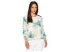Vince Camuto Specialty Size Petite Drawstring Sleeve Sunlit Palm Print Blouse (verdant Green) Women's Clothing
