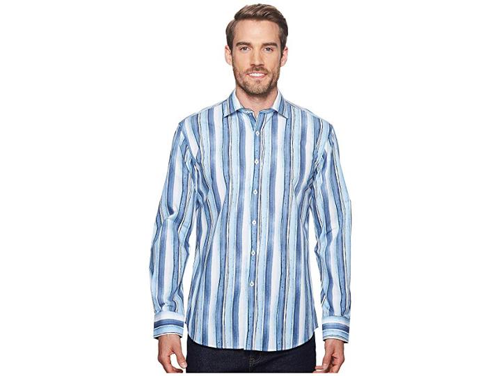 Bugatchi Shaped Fit Striped Woven Shirt (slate) Men's Clothing