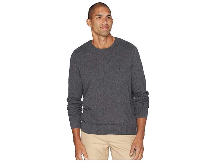 Nautica Solid Crew Neck Sweater (charcoal Heather) Men's Sweater