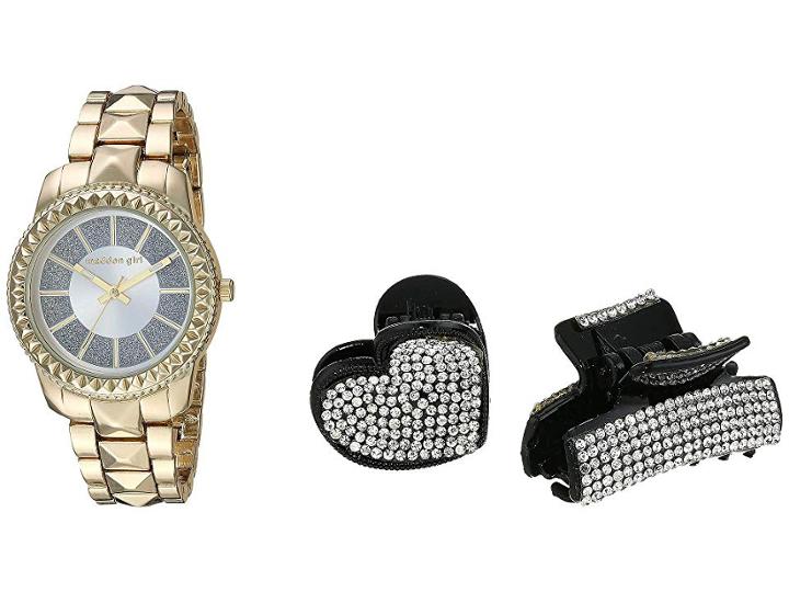 Steve Madden Madden Girl Glitter Band Watch With Two-piece Hair Set Smgs022 (gold) Watches
