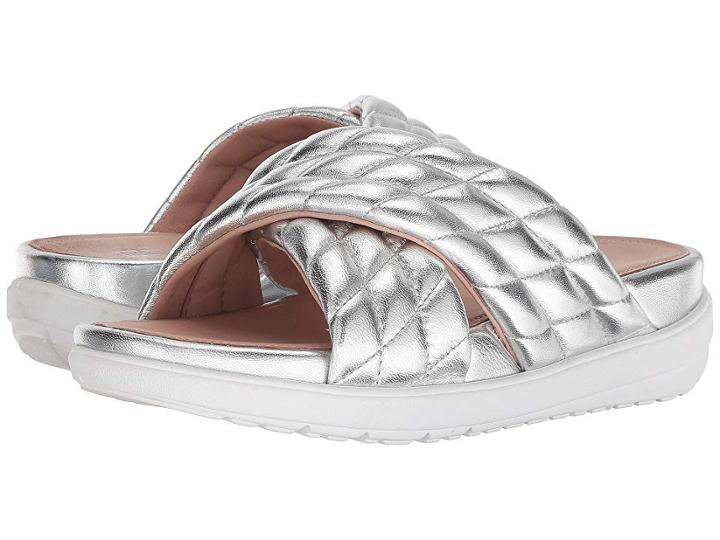Fitflop Loosh Luxetm Cross Slide Leather Sandals (silver Metallic Leather) Women's  Shoes