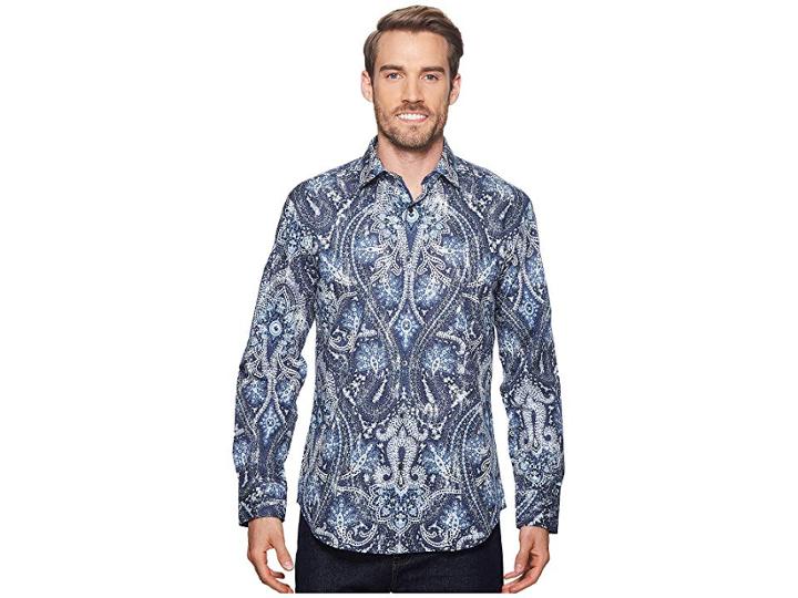 Bugatchi Shaped Fit Paisley Woven Shirt (midnight) Men's Clothing