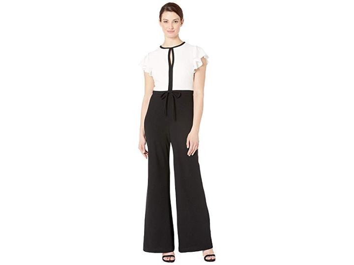 Marina Stretch Crepe Two-tone Jumpsuit With Keyhole Neck (ivory/black) Women's Jumpsuit & Rompers One Piece