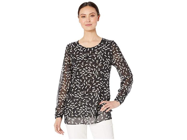 Anne Klein Stellar Dot Print Double Layer Long Sleeve Blouse W/ Keyhold Back (anne Black/anne White) Women's Blouse