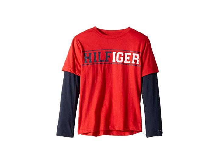Tommy Hilfiger Kids Long Sleeve Crew Neck Shirt (big Kids) (racing Red) Boy's Clothing