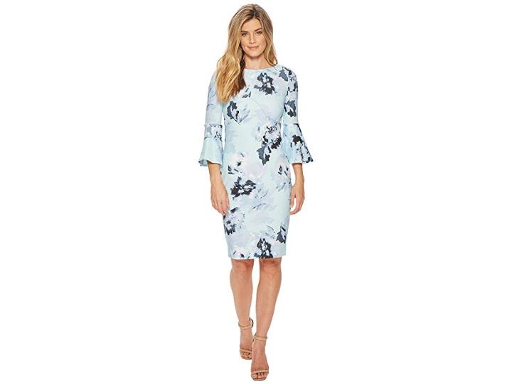 Calvin Klein Floral Bell Sleeve Sheath Cd8cf33e (serene Multi) Women's Dress