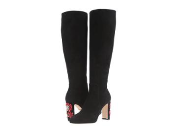Dolce & Gabbana Suede Knee Boot With Jewel Embellished Heel (black) Women's Dress Boots