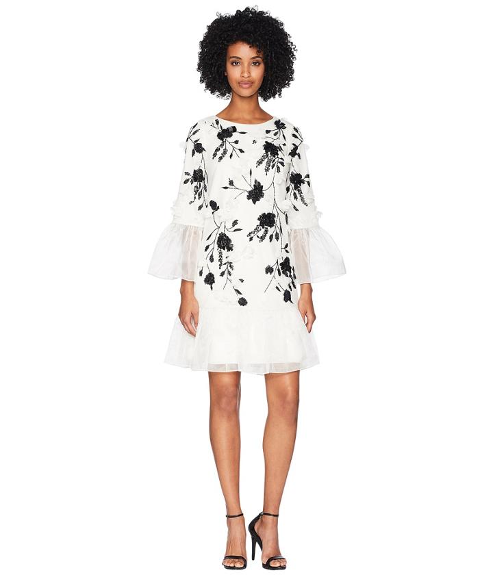 Marchesa Notte 3/4 Sleeve All Over Beaded Tunic W/ 3d Flowers And Organza Ruffles (ivory) Women's Dress