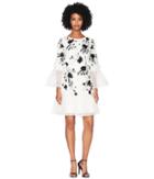 Marchesa Notte 3/4 Sleeve All Over Beaded Tunic W/ 3d Flowers And Organza Ruffles (ivory) Women's Dress