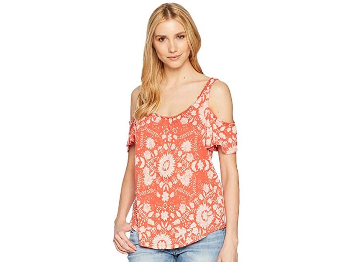 Lucky Brand Floral Cold Shoulder Top (rust Multi) Women's Clothing