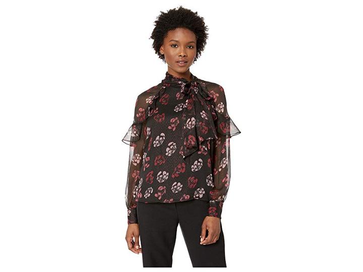 Vince Camuto Specialty Size Petite Long Sleeve Ruffle Shoulder Tie Neck Stamp Floral Blouse (rich Black) Women's Blouse
