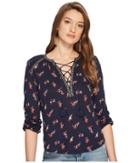 Lucky Brand Lace-up Peasant Top (navy Multi) Women's Clothing
