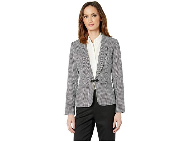 Tahari By Asl Houndstooth Jacket With Closure (black/ivory) Women's Coat