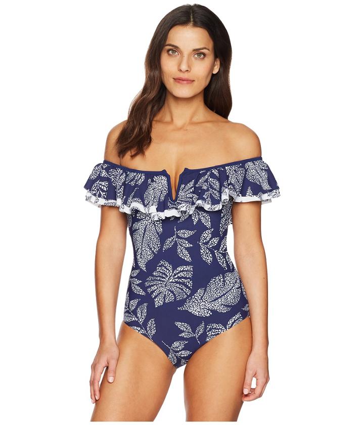 Red Carter Amazon Jungle Off Shoulder Maillot (navy) Women's Swimsuits One Piece