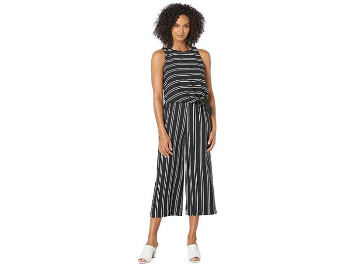 Tahari By Asl Twin Stripe Pop Over Tie Front Jumpsuit (twin Stripe Black/off-white) Women's Jumpsuit & Rompers One Piece