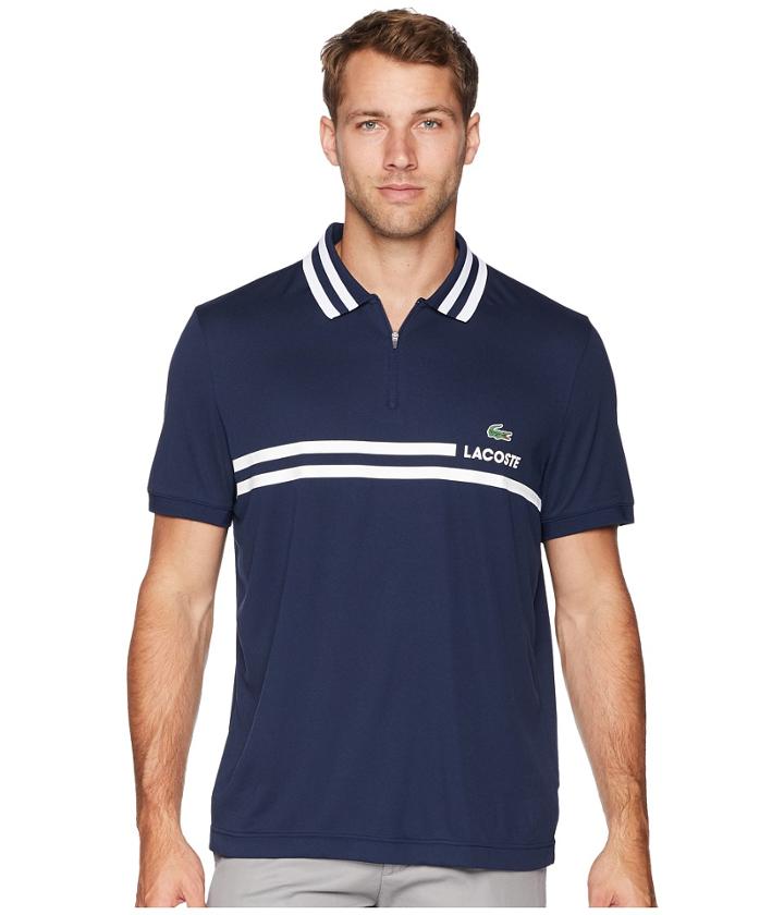 Lacoste Short Sleeve Pique Ultra Dry Fine Stripe W/ Jacquard Collar Zip Front Placket (navy Blue/white) Men's Short Sleeve Pullover