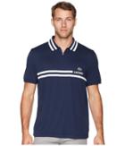 Lacoste Short Sleeve Pique Ultra Dry Fine Stripe W/ Jacquard Collar Zip Front Placket (navy Blue/white) Men's Short Sleeve Pullover