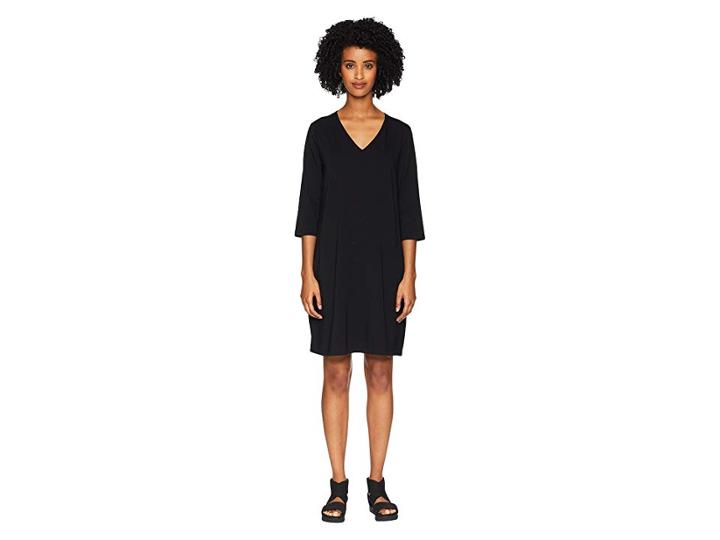 Eileen Fisher Organic Cotton Stretch Jersey V-neck 3/4 Sleeve A-line Dress (black) Women's Dress