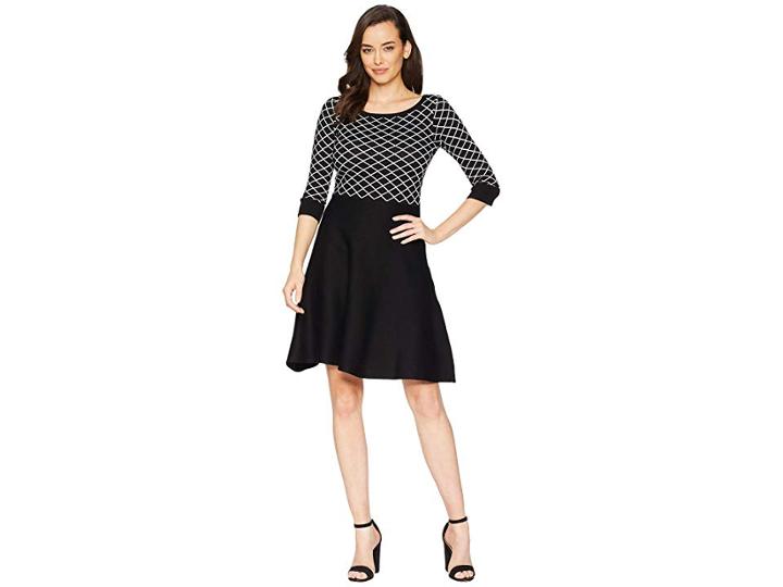 Gabby Skye Diamond Print Fit Flare Sweater Dress (black/ivory) Women's Dress