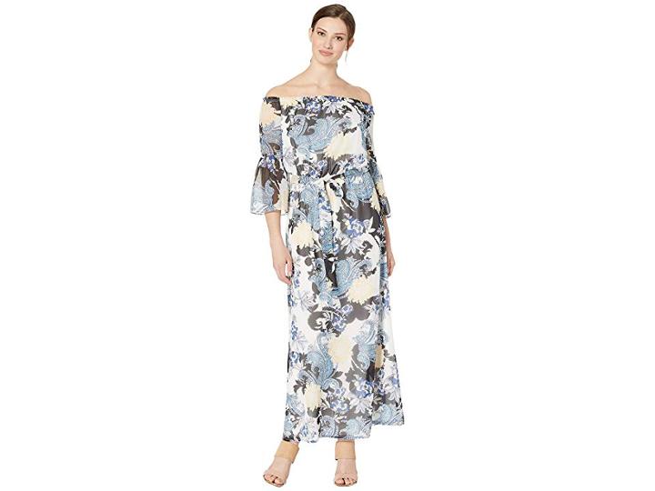 Nine West Off The Shoulder Maxi Dress W/ Self Sash (ivory/admiral Multi) Women's Dress