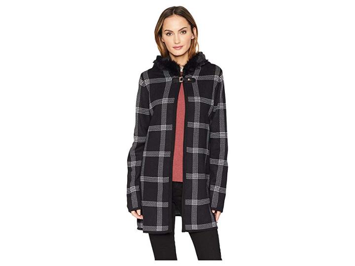 Ivanka Trump Printed Shawl W/ Fur Trim Detail (black/ecru) Women's Sweater