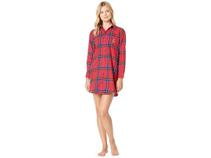 Lauren Ralph Lauren Brushed Twill His Shirt Sleepshirt (red Plaid) Women's Pajama