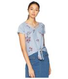 Pink Rose Short Dolman Sleeve V-neck High-low Top W/ Front Tie Crisscross (blue Ditsy Vine Floral) Women's Clothing
