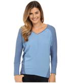 Two By Vince Camuto V-neck Mixed Media Saturday Shirt (chambray Heather) Women's Long Sleeve Pullover