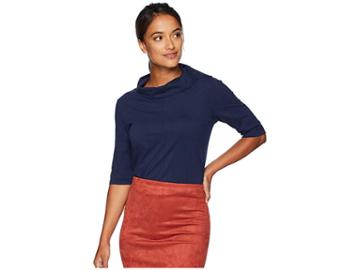 Mod-o-doc Classic Jersey Button Neck Elbow Sleeve Tee With Pleated Back (true Navy) Women's T Shirt