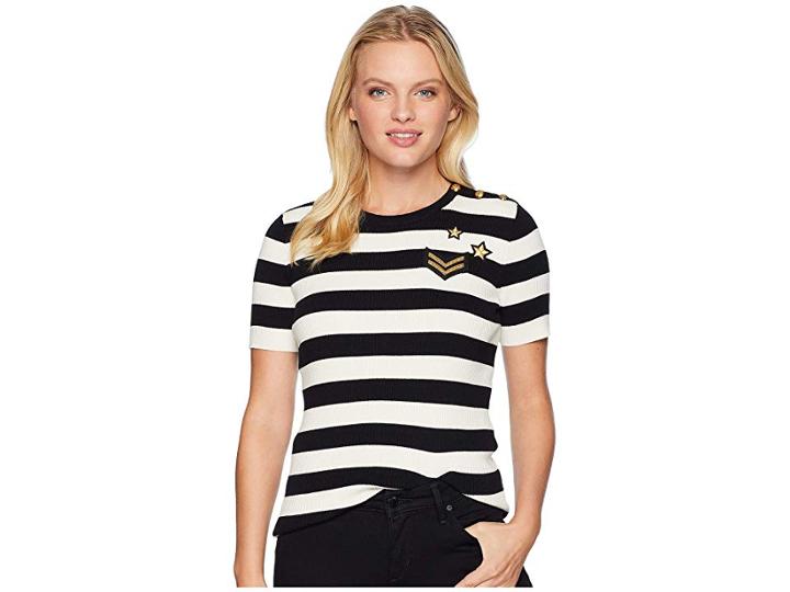 Lauren Ralph Lauren Petite Striped Button-trim Sweater (polo Black/mascarpone Cream Multi) Women's Sweater