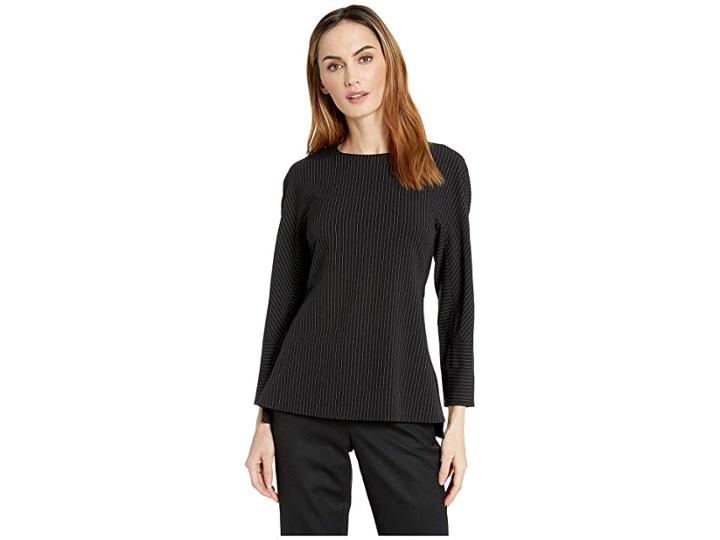 Anne Klein Narrow Stripe Raglan Sleeve Peplum Blouse (anne Black/anne White) Women's Blouse
