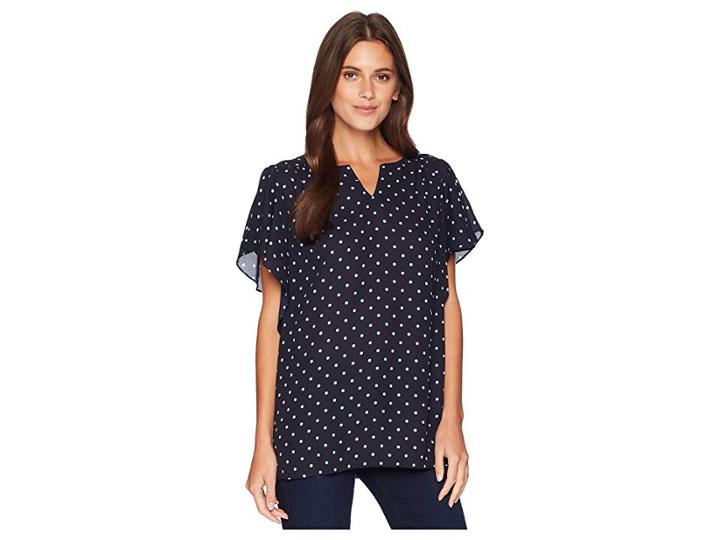 Vince Camuto Specialty Size Plus Size Flutter Sleeve Romantic Dots V-neck Blouse (classic Navy) Women's Blouse
