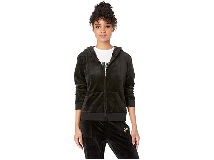 Juicy Couture Cursive Foil Logo W/ Glitter Hoodie (pitch Black) Women's Clothing