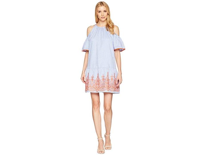 Maggy London Embroidery Stripe Cold Shoulder Shift Dress (blue/white/orange) Women's Dress