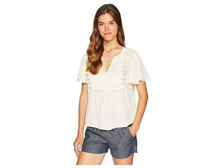 1.state Short Sleeve Split-neck Blouse With Tassel Trim (antique White) Women's Blouse