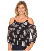 Lucky Brand Silver Flower Cold Shoulder Top (black Multi) Women's Clothing