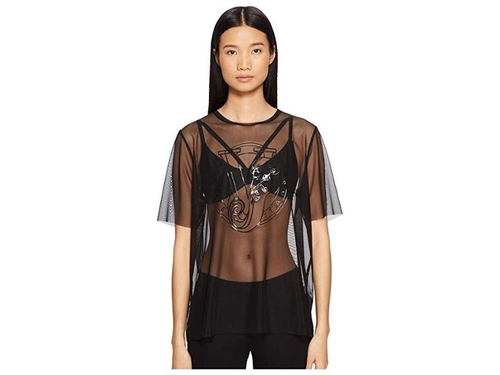 Versace Jeans Couture Sheer Designed Logo Short Sleeve Top (nero) Women's Clothing