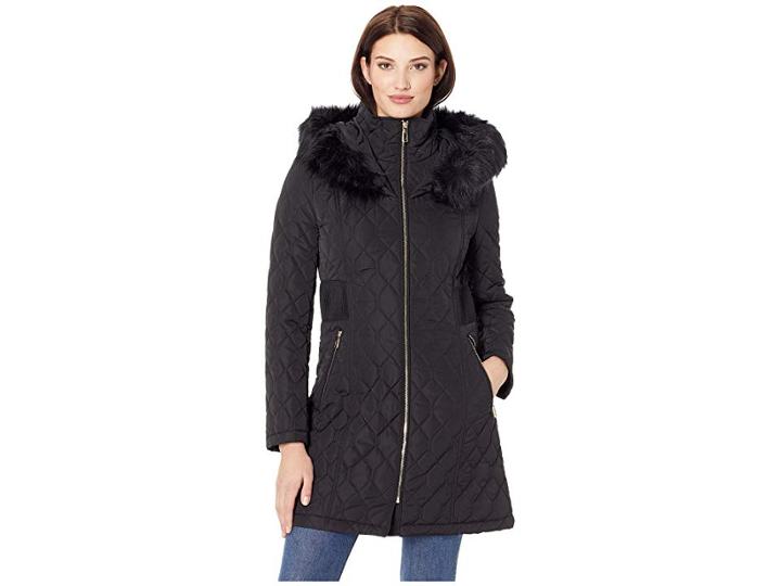 Ivanka Trump Quilt Jacket With Side Zipper And Detachable Fur Hood (black) Women's Coat