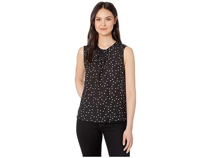 Tahari By Asl Sleeveless Rouched Neckline Top (black/ivory Dot) Women's Blouse
