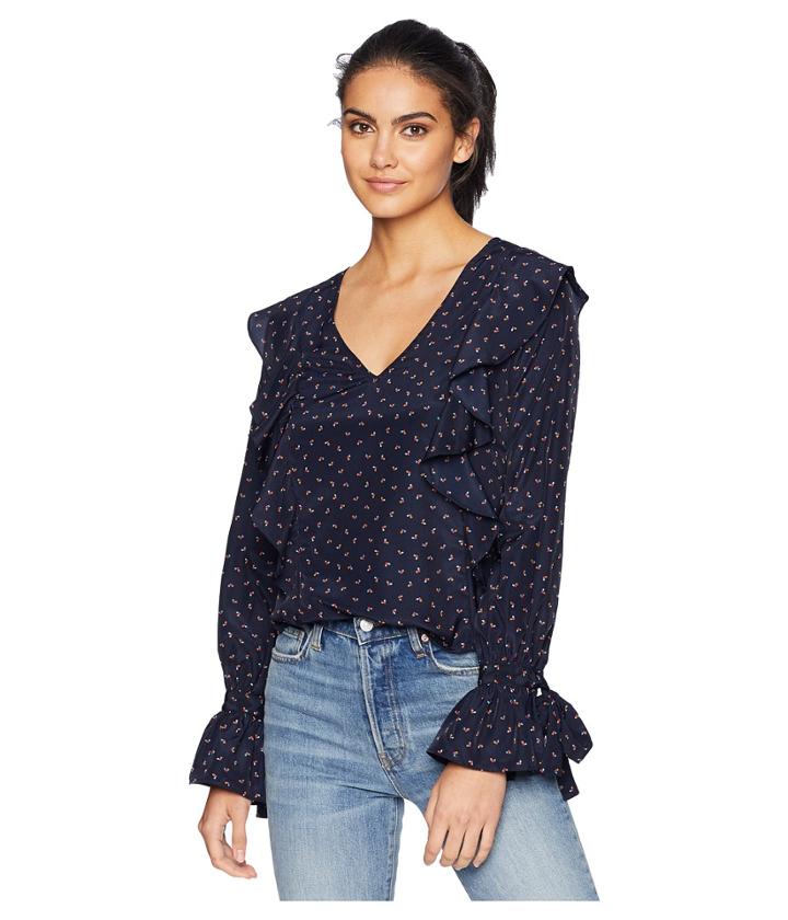 J.o.a. Ruffle Front Top (navy Multi) Women's Clothing