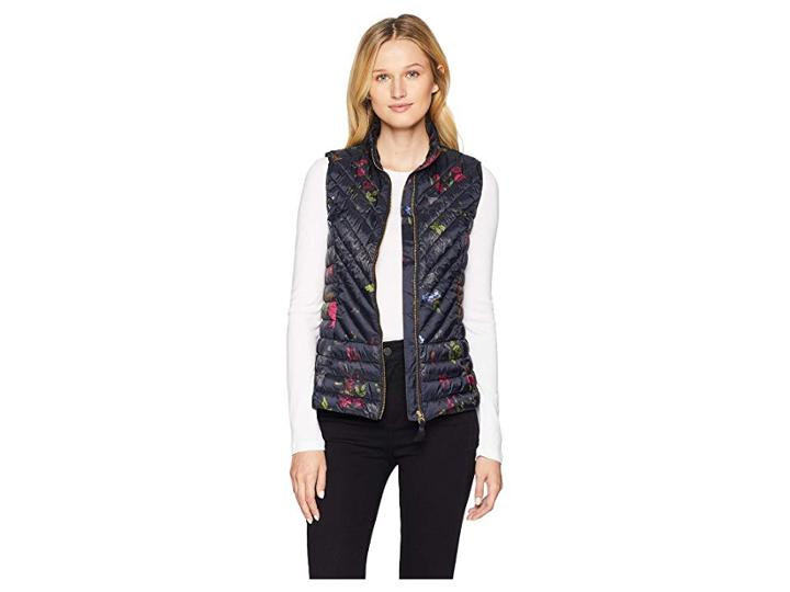 Joules Brindly Printed Chevron Quilted Vest (black Woodland Floral) Women's Vest