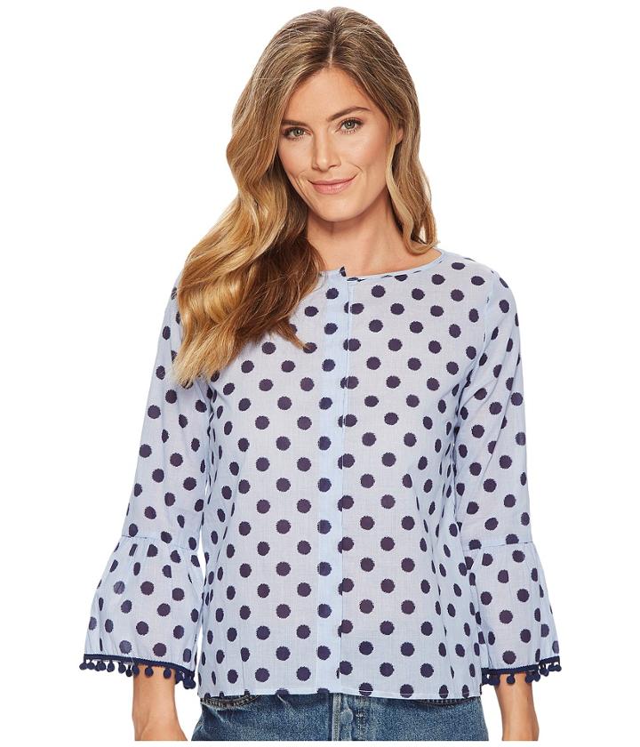 Elliott Lauren Dot Shirt With Flare Sleeve And Pom Pom Trim Detail (blue) Women's Clothing