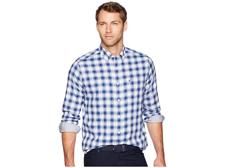 Nautica Long Sleeve Wear To Work Medium Plaid Woven Shirt (bright White) Men's Clothing