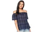 Lucky Brand Off Shoulder Plaid Raw Edge Top (blue Multi) Women's Clothing