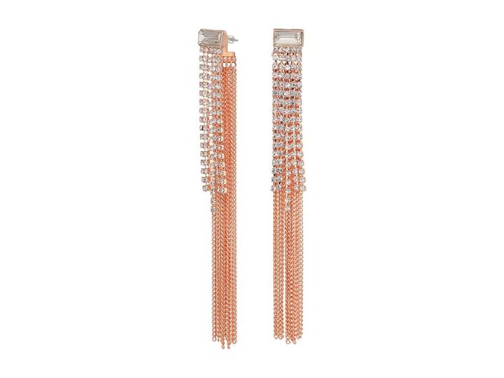 Guess Fringe Chain And Rhinestone Linear Drop Earrings (rose Gold/crystal) Earring