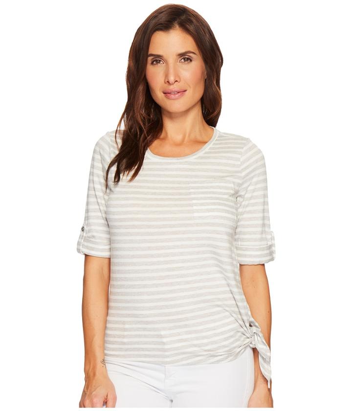 Lauren Ralph Lauren Striped Roll-cuff Shirt (whisper Grey Heather/mascarpone Cream) Women's Clothing